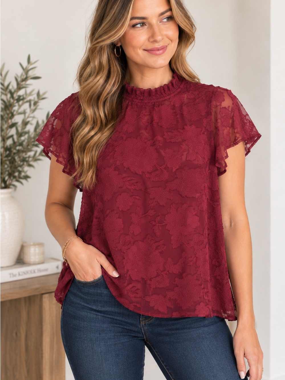 Indigo Soul Women’s Medium Burgundy Floral Sheer Blouse